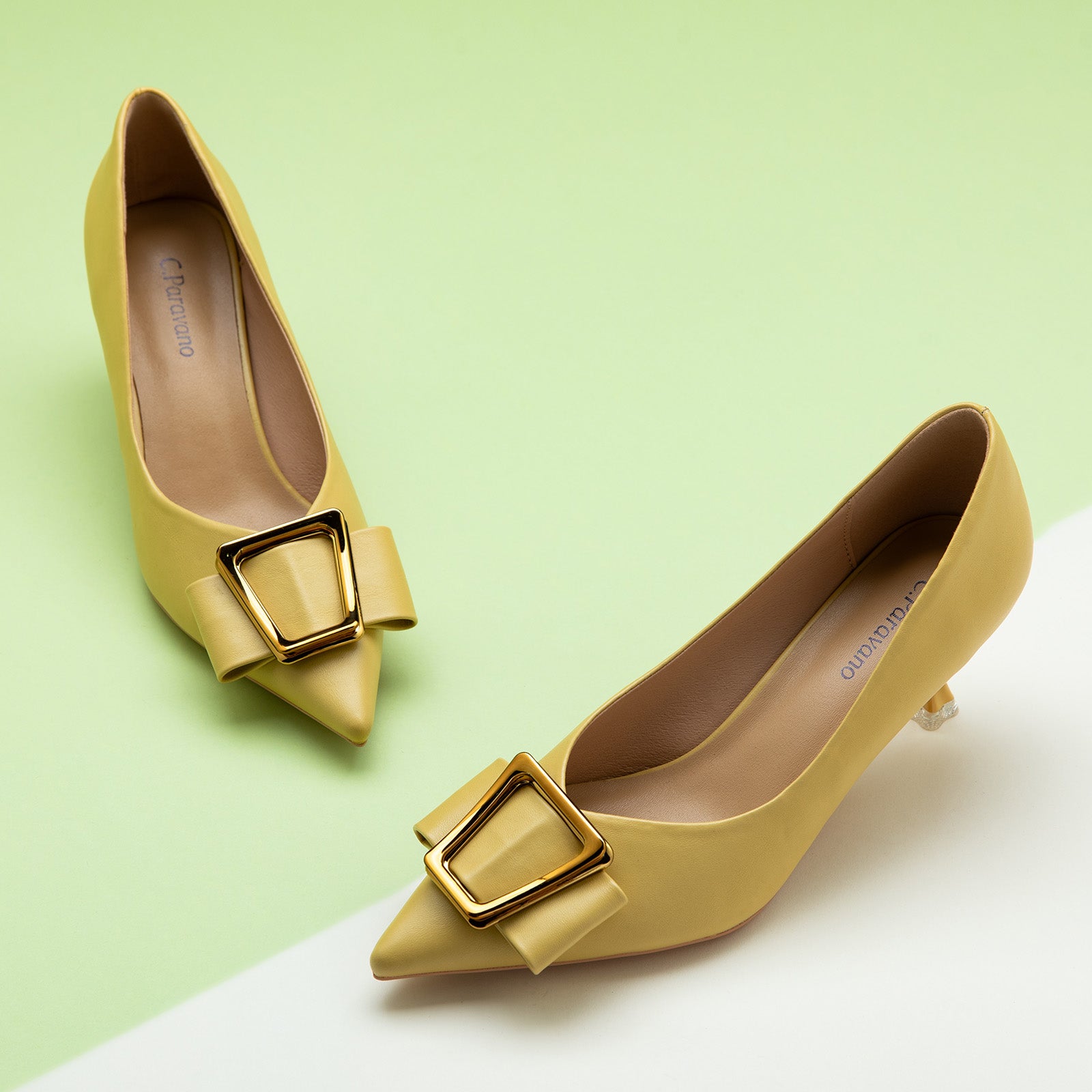 Yellow Geometric Kitten Heel Women Pumps, a cheerful and vibrant choice for a playful and stylish look