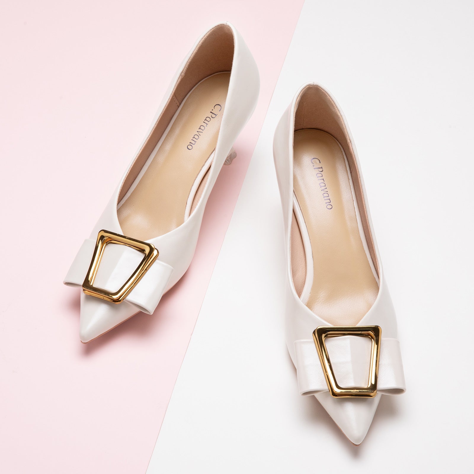 Geometric White Kitten Heel Pumps, featuring intricate patterns for a polished and sophisticated style