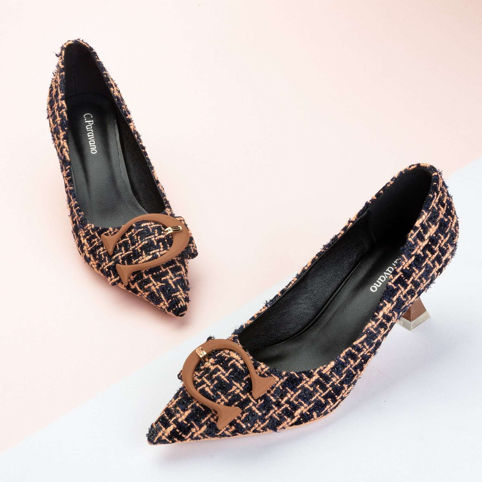 C Buckle Kitten Heel Tweed Pumps