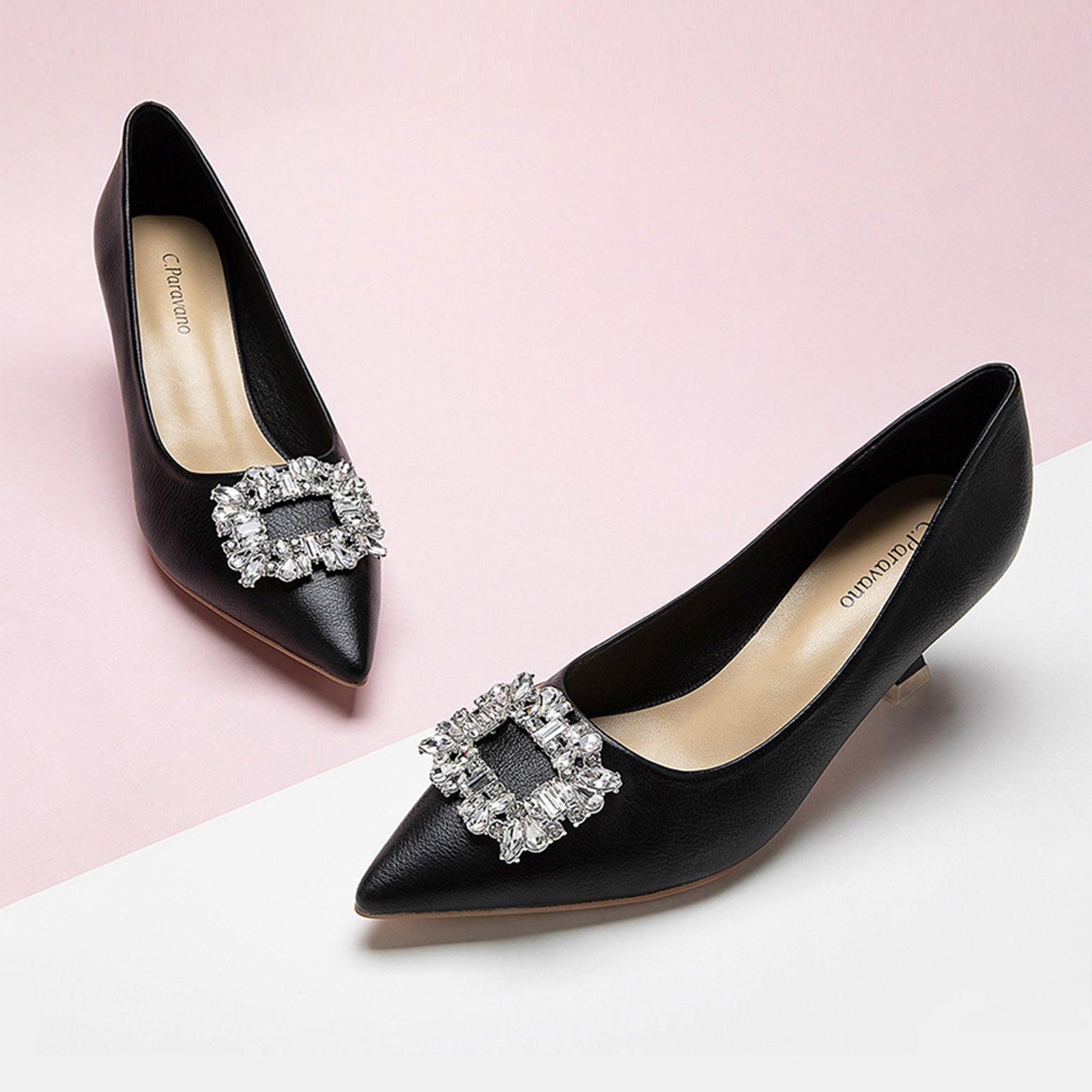 "Urban Elegance: Embellished Black Kitten Heel Pumps with a chic buckle, perfect for adding a touch of glamour to any outfit