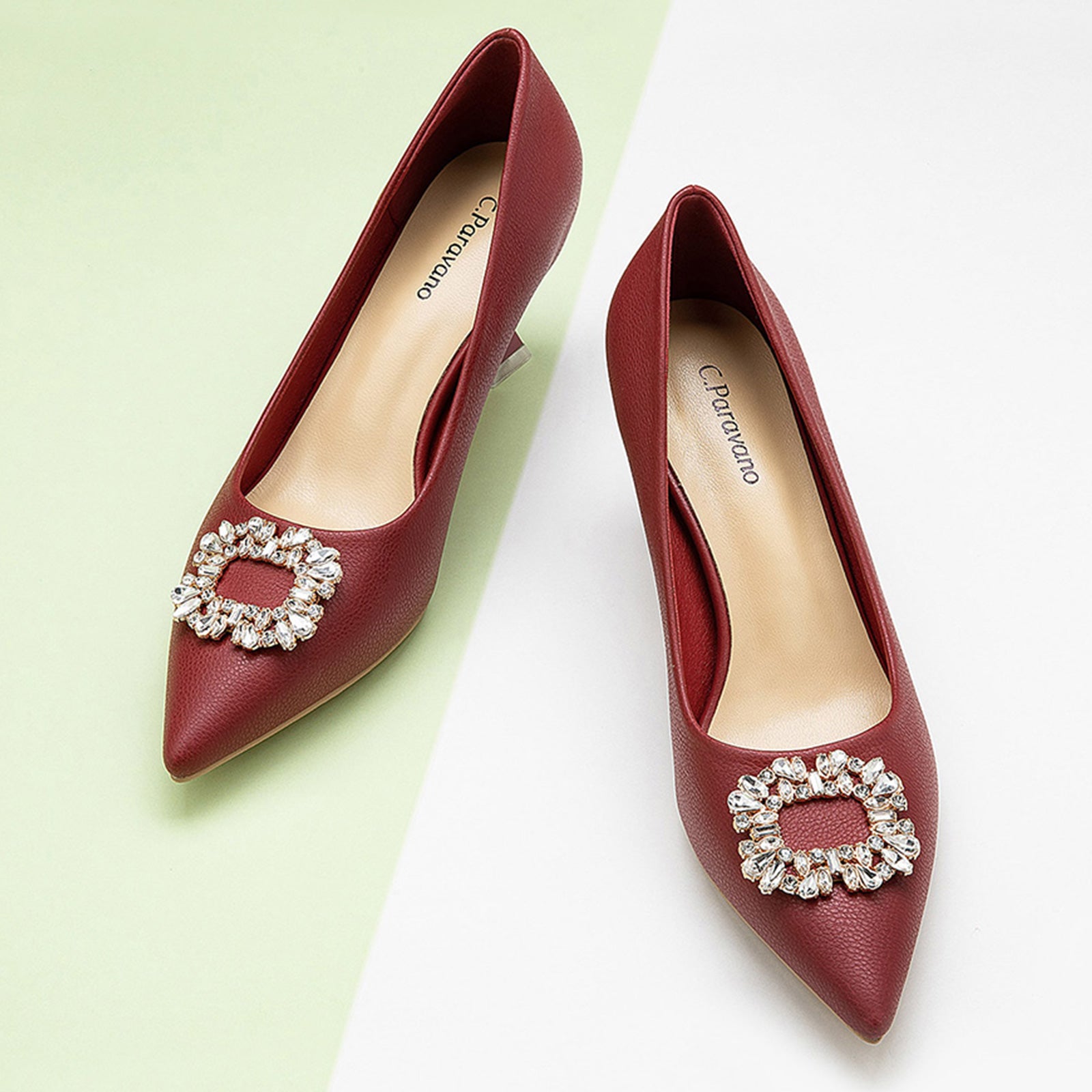 Sultry Sophistication: Red Buckle Kitten Heel Pumps with embellishments, adding a touch of elegance to your fashion repertoire