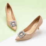 Elegant Beige Crystal Buckle Leather Pumps