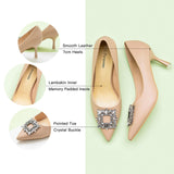 Beige Crystal Buckle Leather Pumps: Versatile and Stylish