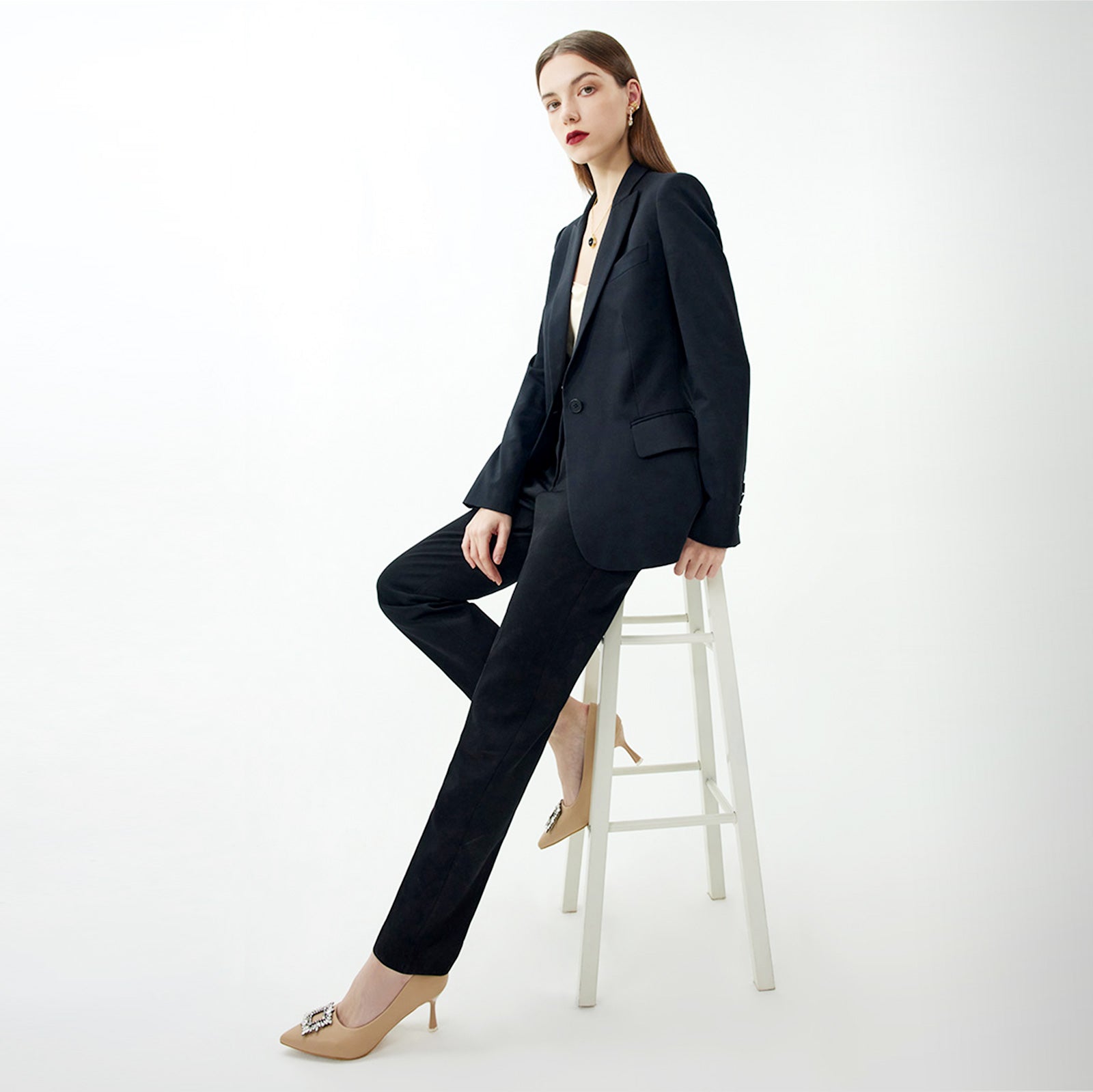 Chic Beige Crystal Buckle Leather Pumps: Modern Comfort.