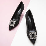 Embellished Square Buckle Pumps in Black Glitter, perfect for a stylish night out