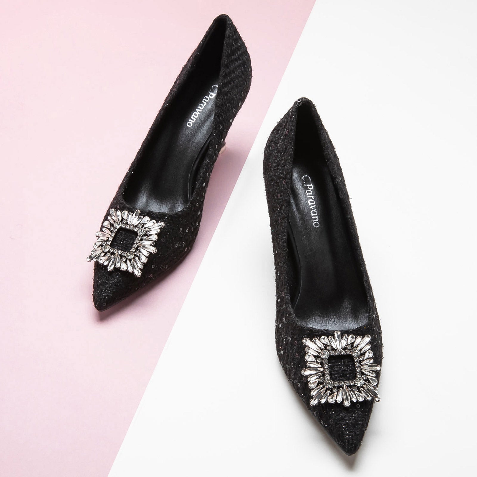 Embellished Square Buckle Pumps in Black Glitter, perfect for a stylish night out
