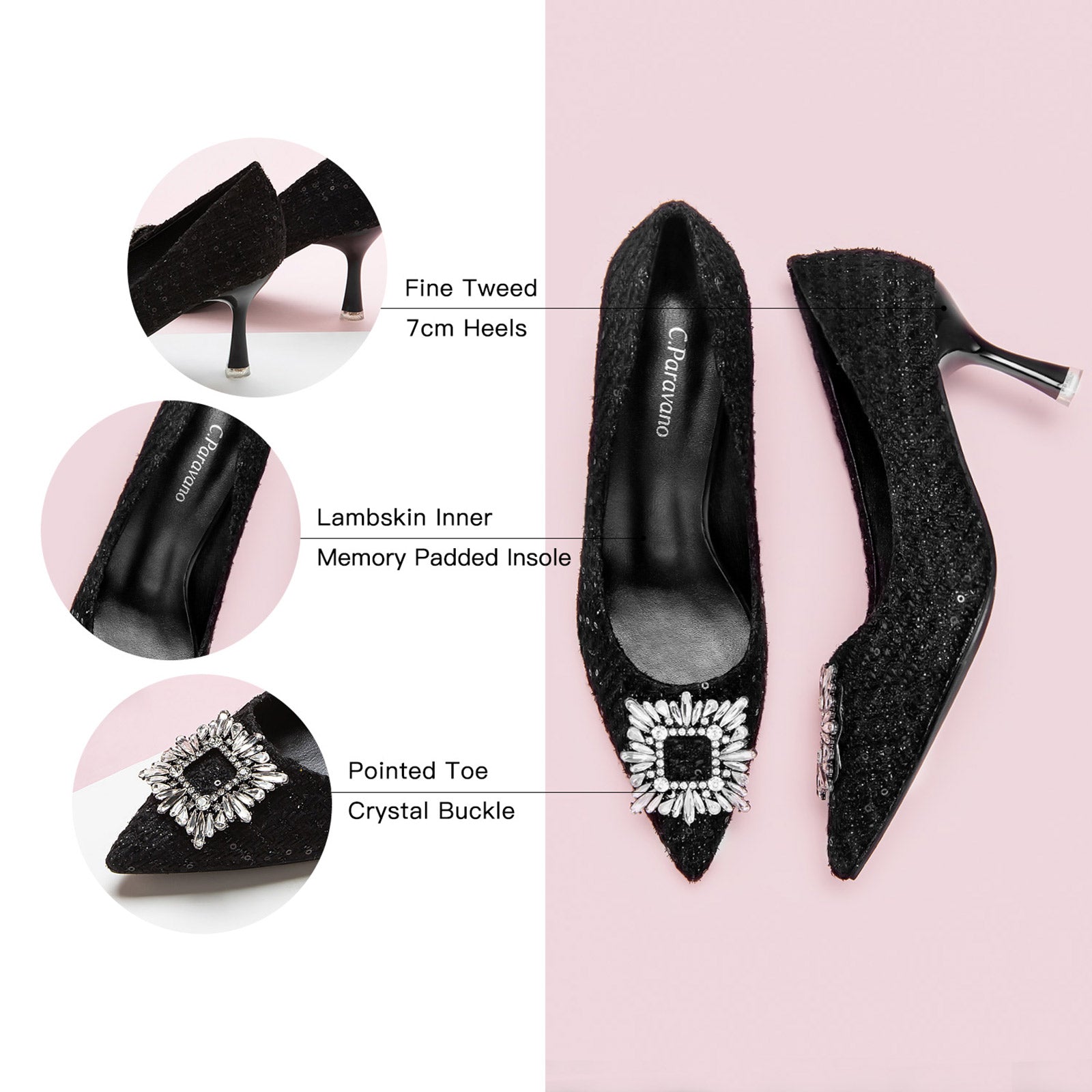 Black Glitter Embellished Square Buckle Tweed Pumps, a statement piece for any formal occasion.