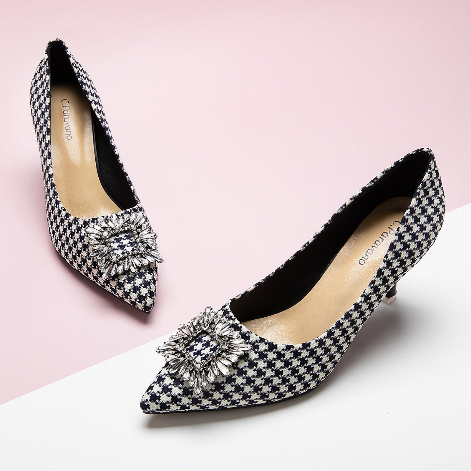  Houndstooth Tweed Pumps with an embellished square buckle, blending classic and contemporary styles