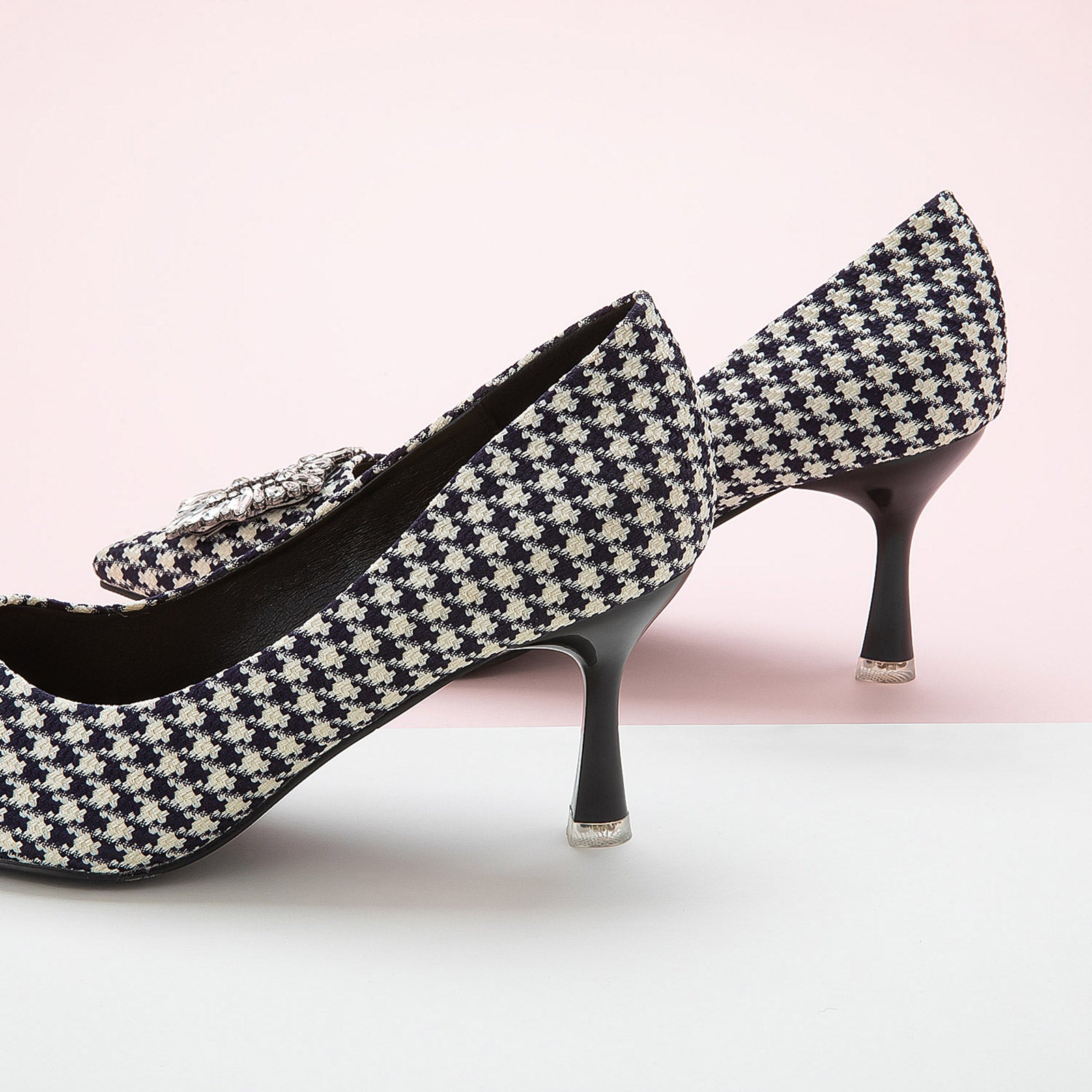 Houndstooth Tweed Pumps with unique square buckle details, perfect for professional settings.