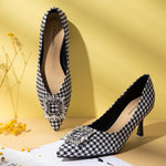Office-ready Chic: Houndstooth Tweed Pumps with unique square buckle details, perfect for professional settings