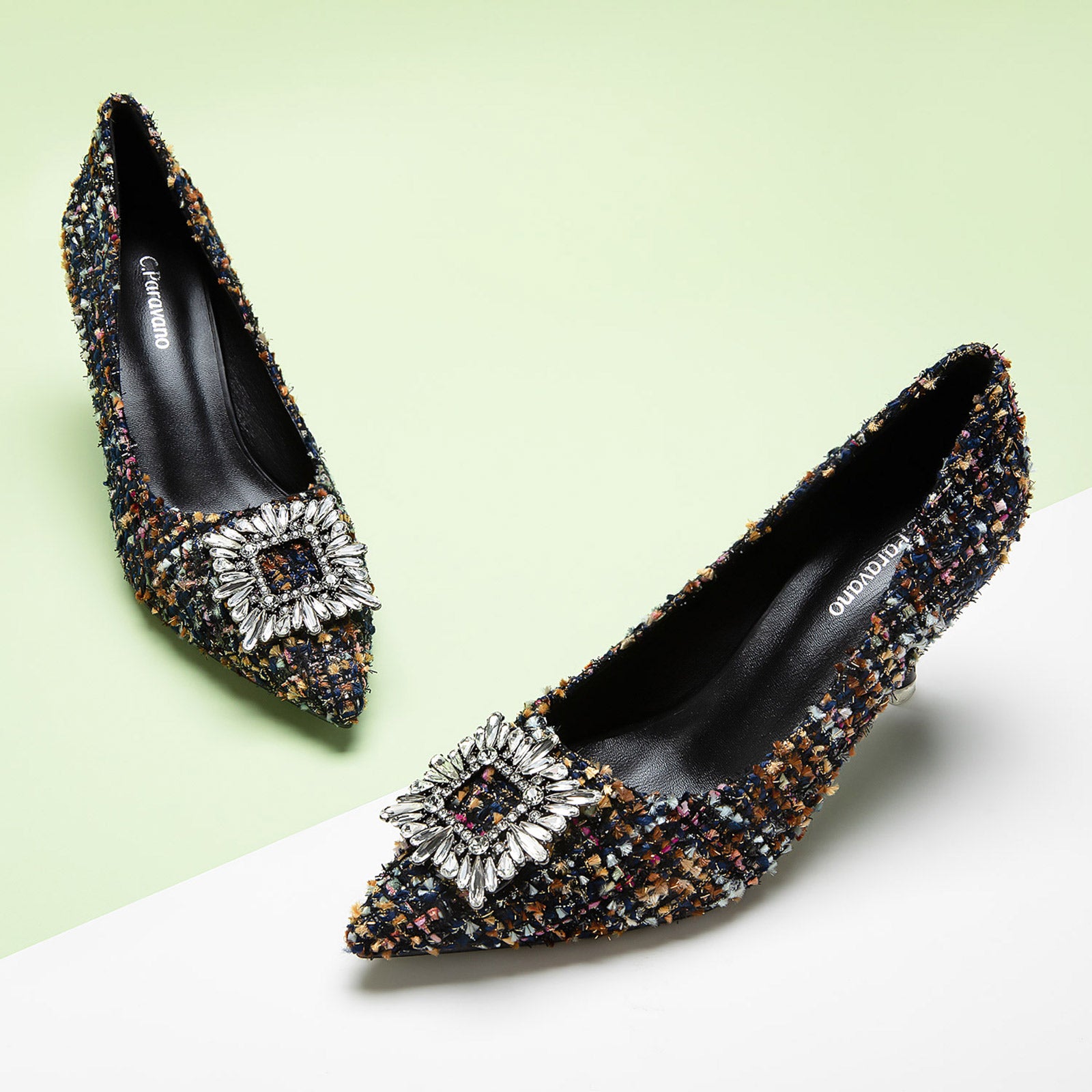 Multi Color Tweed Pumps with unique square buckle details, a lively addition to your shoe collection