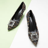 Multi Color Embellished Square Buckle Tweed Pumps, making a statement with every step