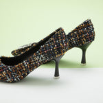 Bold and Beautiful: Multi Color Embellished Square Buckle Tweed Pumps, making a statement with every step