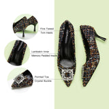 Walk in Style: Multi Color Tweed Pumps with unique square buckle details, a lively addition to your shoe collection
