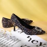 Colorful Allure: Multi Color Tweed Pumps with an embellished square buckle, a playful and fashionable choice