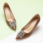 Brown Crystal Embellished Women Buckle Pumps: