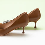 Elegant Brown Crystal Buckle Women Pumps