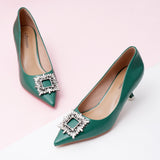 Chic Green Crystal Buckle Women Pumps.
