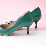Green Crystal Embellished Women Buckle Pumps: