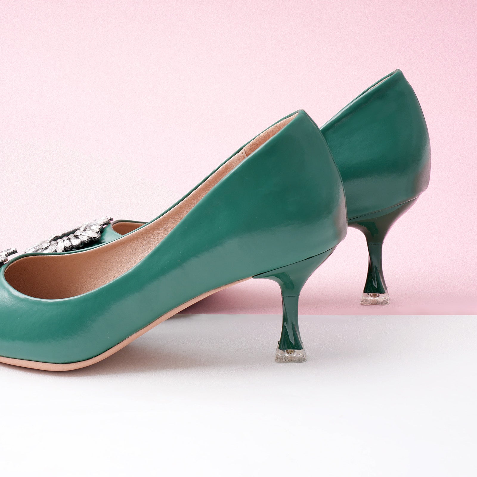 Green Crystal Embellished Women Buckle Pumps: