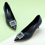 Navy Crystal Embellished Women Buckle Pumps