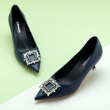 Navy Crystal Embellished Women Buckle Pumps