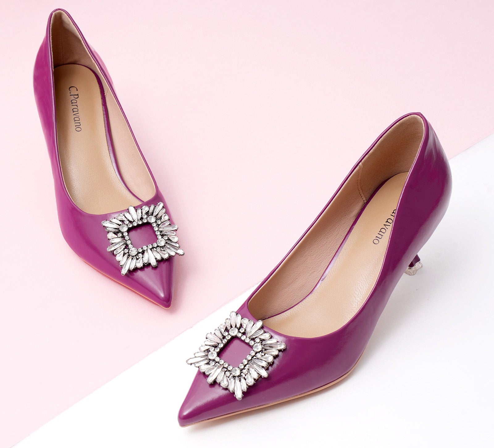 Purple Crystal Embellished Women Buckle Pumps: