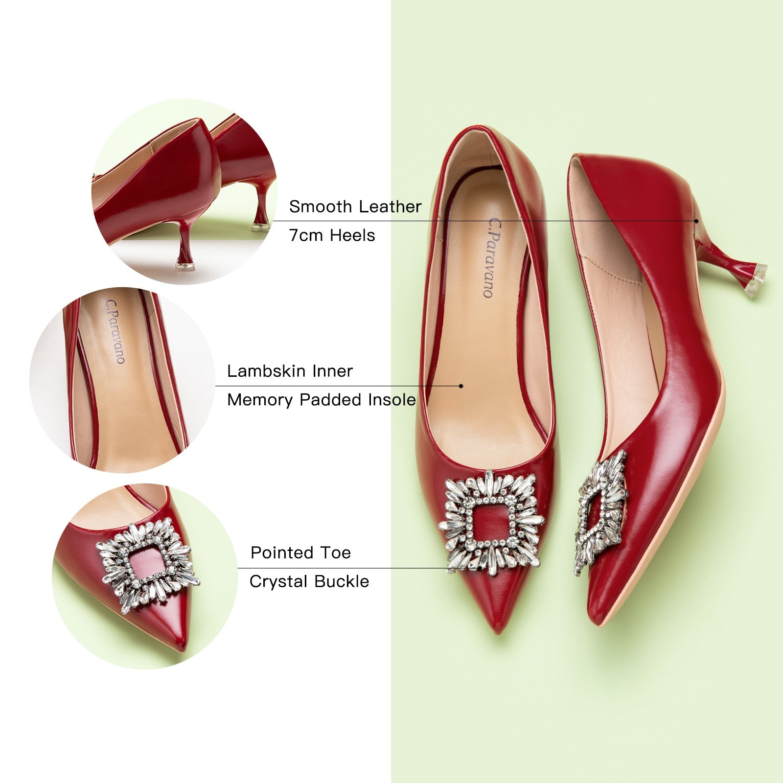 Embrace classic style with a twist of boldness with these red pumps, featuring sparkling crystal details and a charming buckle for a statement look.