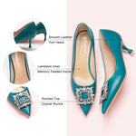 Gorgeous leather pumps in peacock blue, enhanced by a crystal buckle