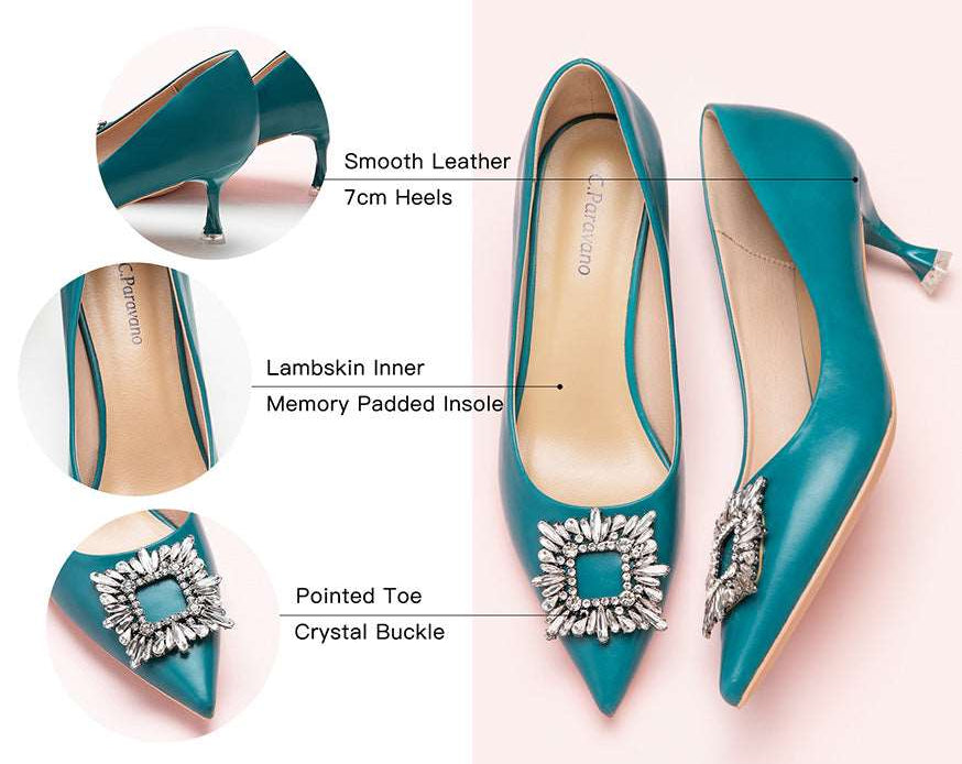 Gorgeous leather pumps in peacock blue, enhanced by a crystal buckle