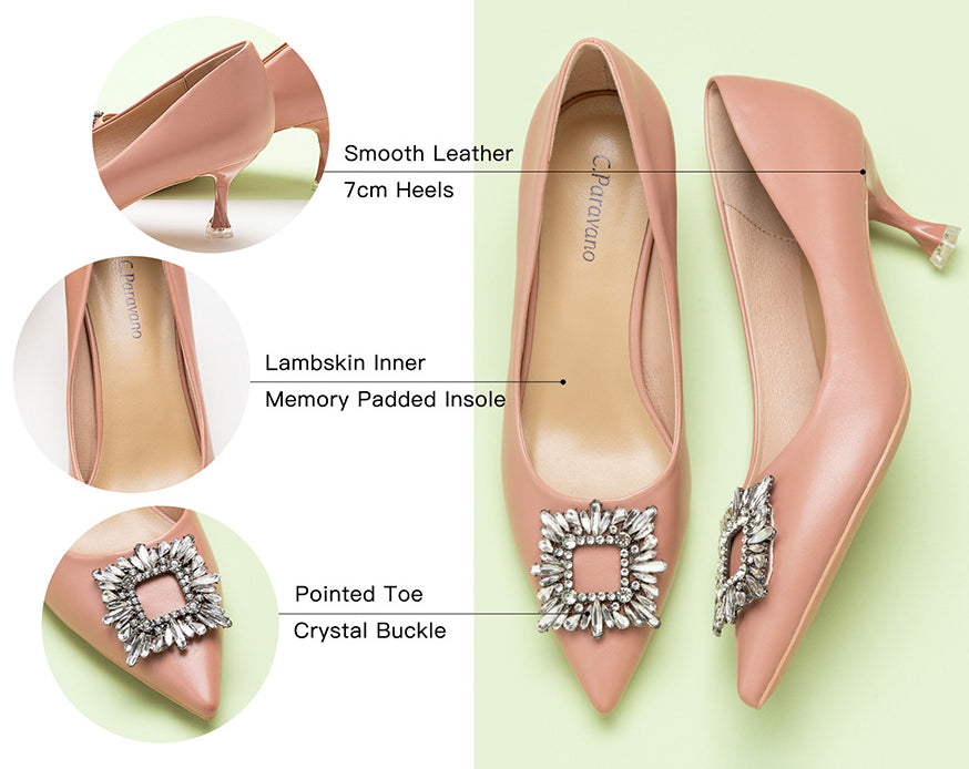 Gorgeous leather pumps in lovely pink, complemented by a crystal buckle