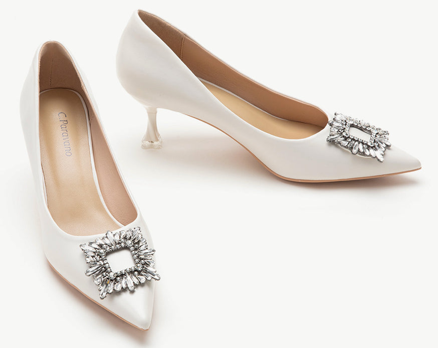 Crystal Buckle Embellished Leather Pumps White