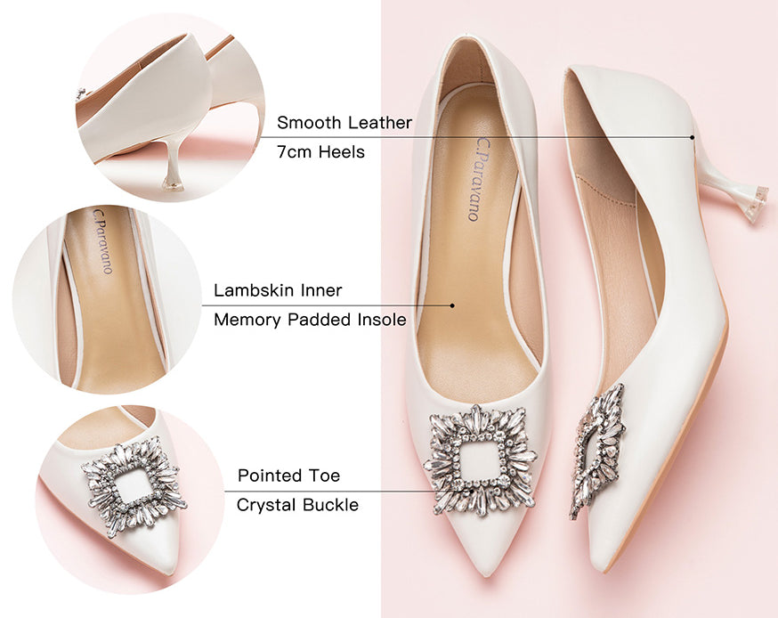 Crystal Buckle Embellished Leather Pumps White