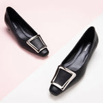 Elegant women's trapezoidal buckle low heels black for stylish occasions
