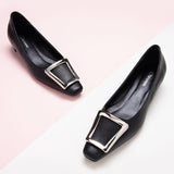 Elegant women's trapezoidal buckle low heels black for stylish occasions
