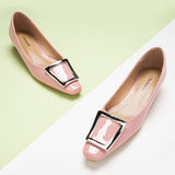 Elegant women's trapezoidal buckle low heels pink for stylish occasions"