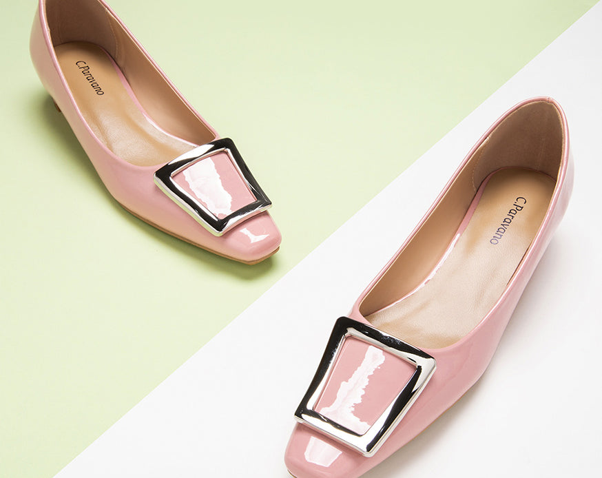 Elegant women's trapezoidal buckle low heels pink for stylish occasions"