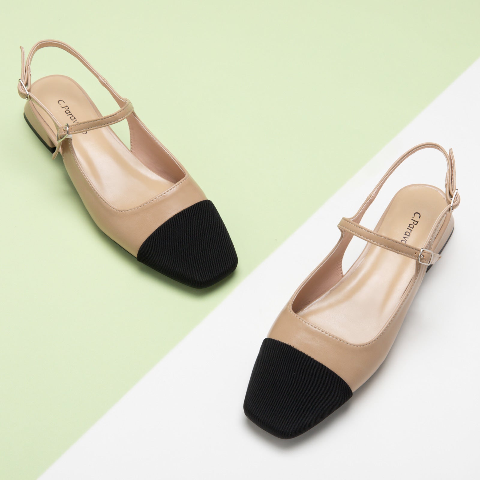  Beige Squared Toe Slingback Flats, perfect for a confident and fashionable look in any urban setting
