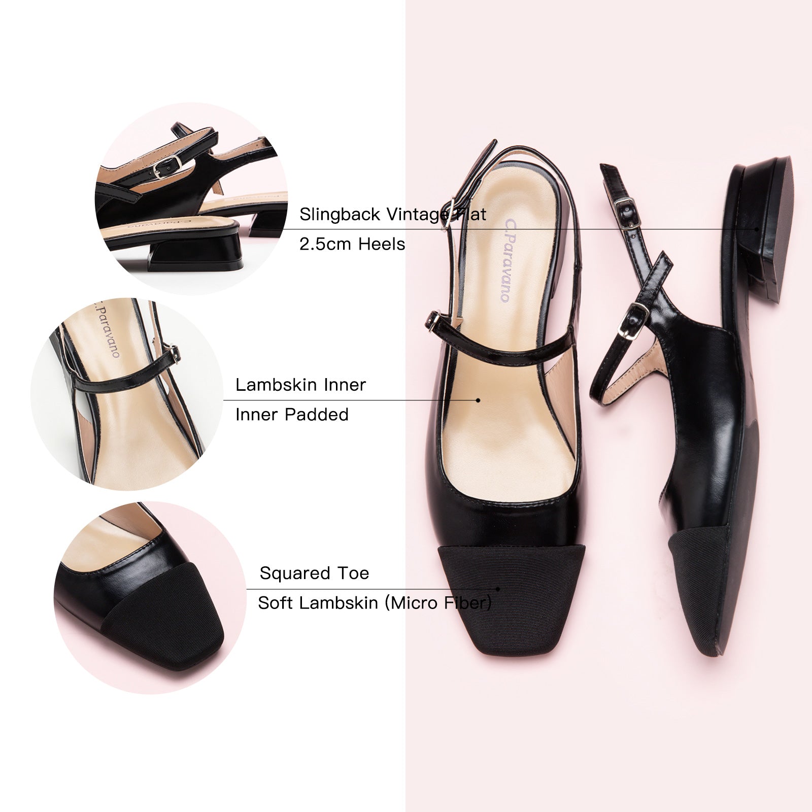 Squared Toe Slingback Flats in Black, a versatile and stylish addition to elevate your footwear collection