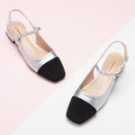 Squared Toe Slingback Flats in Silver, a glamorous and eye-catching choice for adding a touch of shimmer to your ensemble
