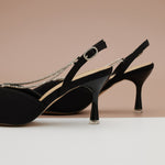 Urban Glamour: Black Embellished Crystal Straps Satin Pumps, a chic and fashionable addition to your footwear collection.