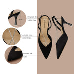 Black Satin Slingback Pumps with Crystal Embellished Straps, a statement piece for formal events