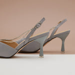 Hot Style: Grey Satin Slingback Pumps with Crystal Embellished Straps, a modern and chic footwear choice