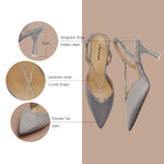 Elegant Neutrals: Embellished Grey Satin Pumps featuring Crystal Straps, perfect for a refined and sophisticated look