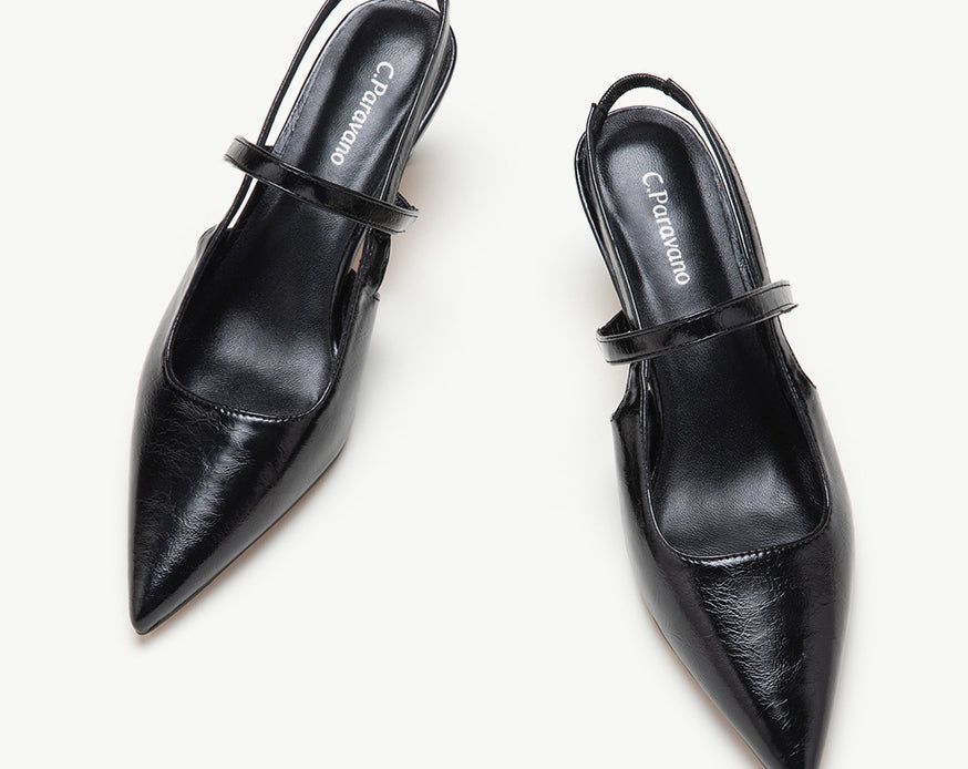Black Sleek Pointed Toe Slingback Pumps: A pair of elegant black pointed-toe slingback pumps for a timeless and sophisticated look
