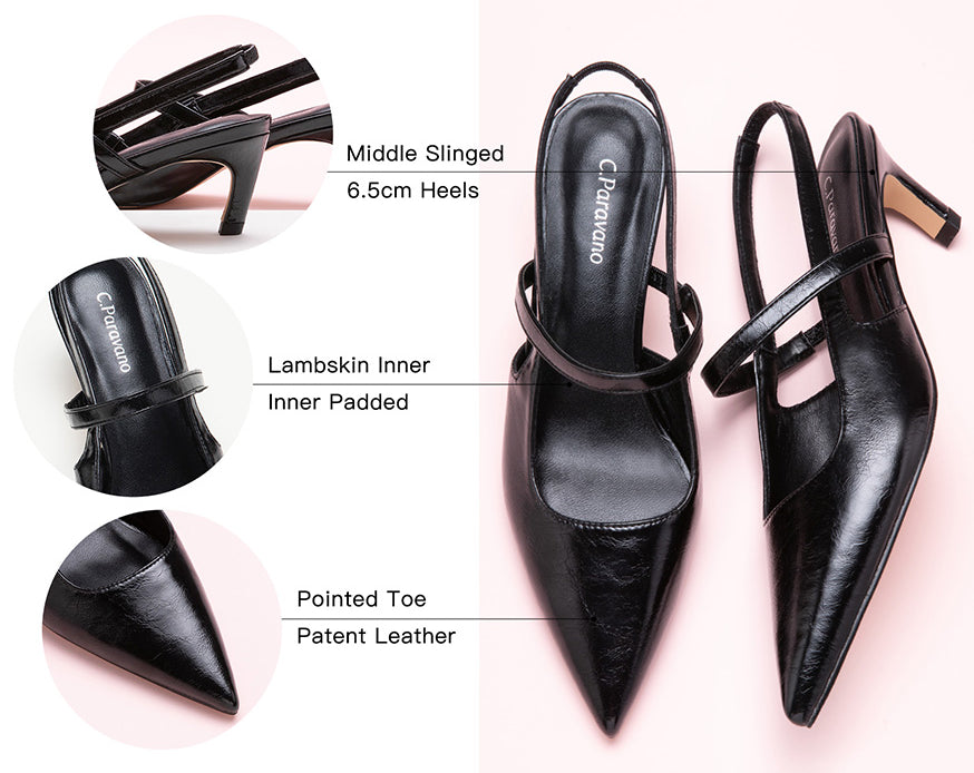 Black Slingback Pumps with Modern Flair: These black pumps offer a contemporary touch with their sleek design and pointed toe.