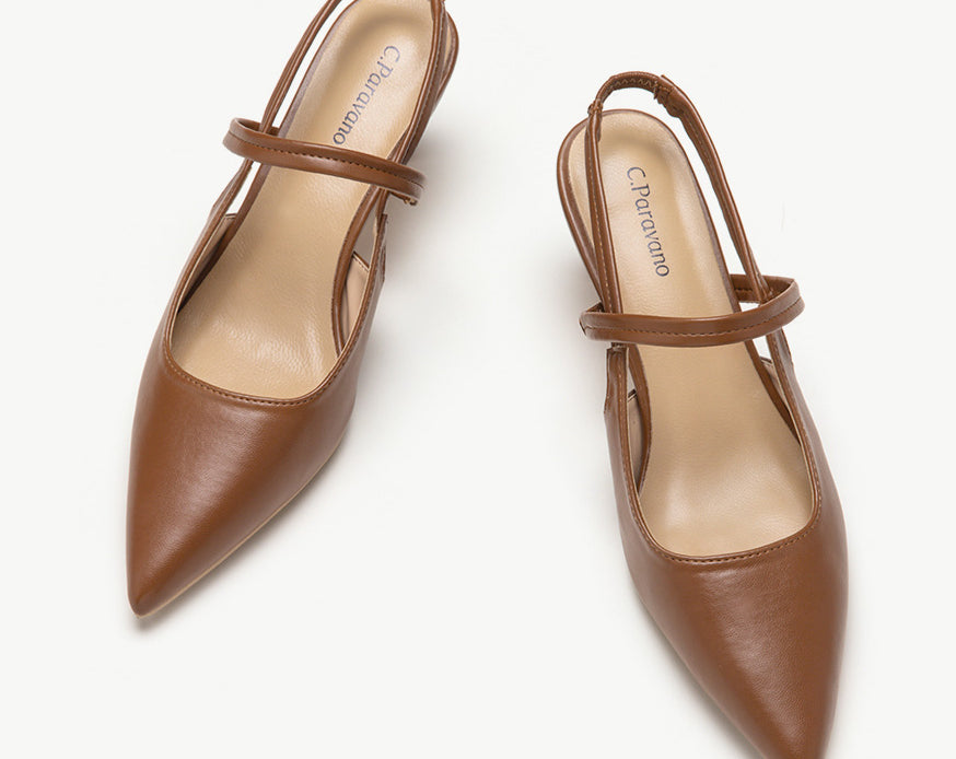 Brown Sleek Pointed Toe Slingback Pumps: A pair of elegant brown pointed-toe slingback pumps for a timeless and stylish look.