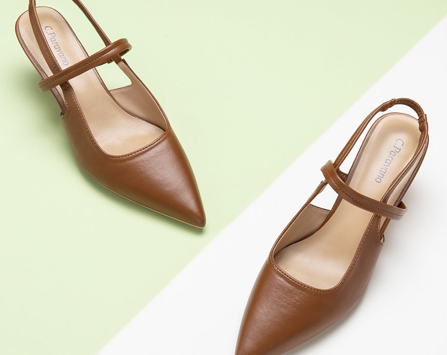 Chic Brown Slingback Heels: Elevate your fashion game with these sleek brown pointed-toe slingback pumps, perfect for any occasion
