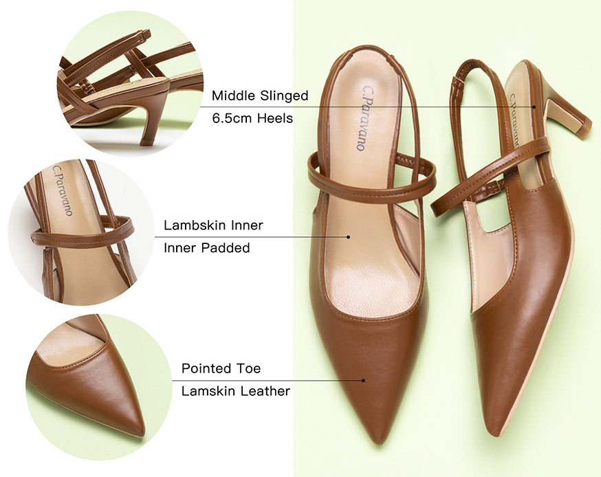 Brown Slingback Pumps with Modern Elegance: These brown pumps offer a contemporary touch with their sleek design and pointed toe