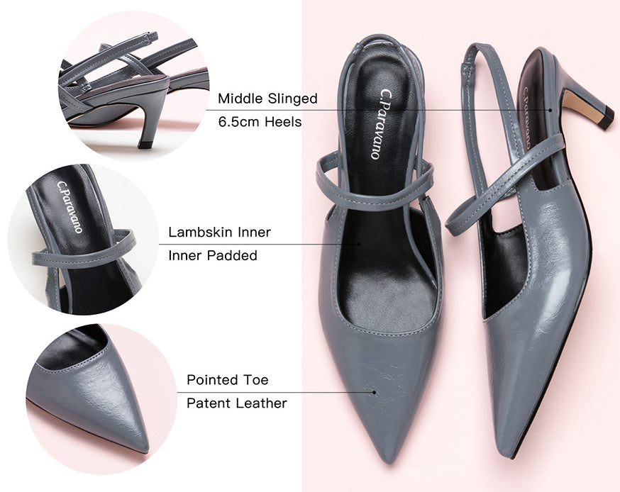 Grey Slingback Pumps with Modern Elegance: These grey pumps exude a contemporary charm with their sleek design and pointed toe